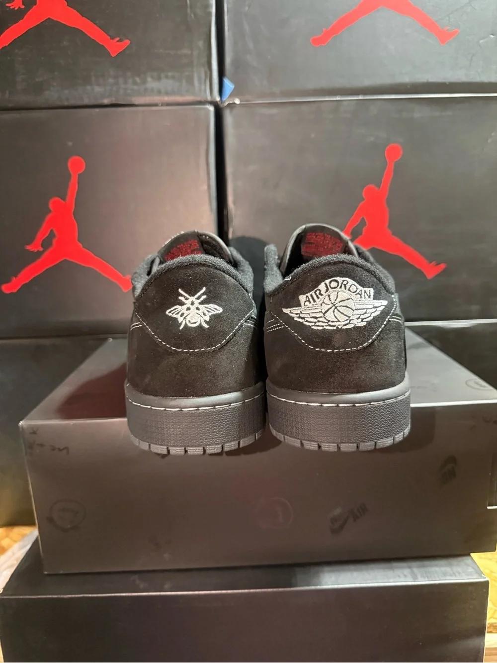Air Jordan Retro Low Travis Scott Black Phantom Suede Sneakers with Red Accents